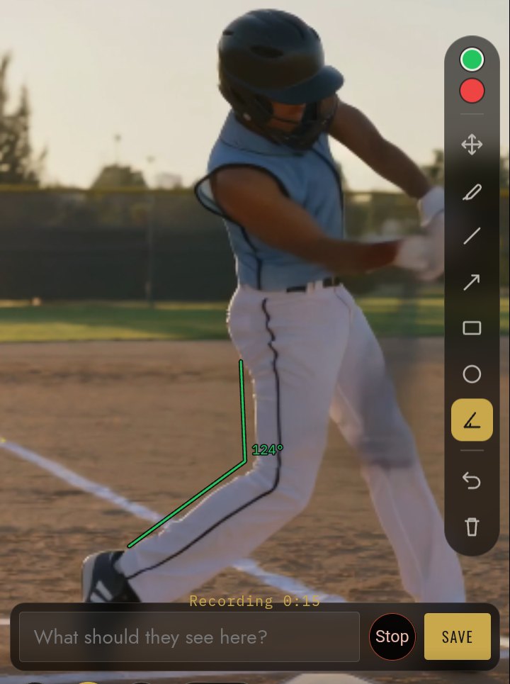 A swing paused at contact with an angle drawn on the back leg
                  reading 124 degrees, the drawing tools down the side, and a
                  voice note recording underneath.