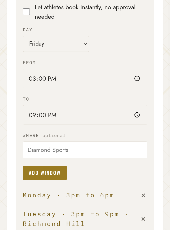 Lesson availability being published: a day, a start and end time,
                  a location, and the windows already set for Monday and Tuesday.